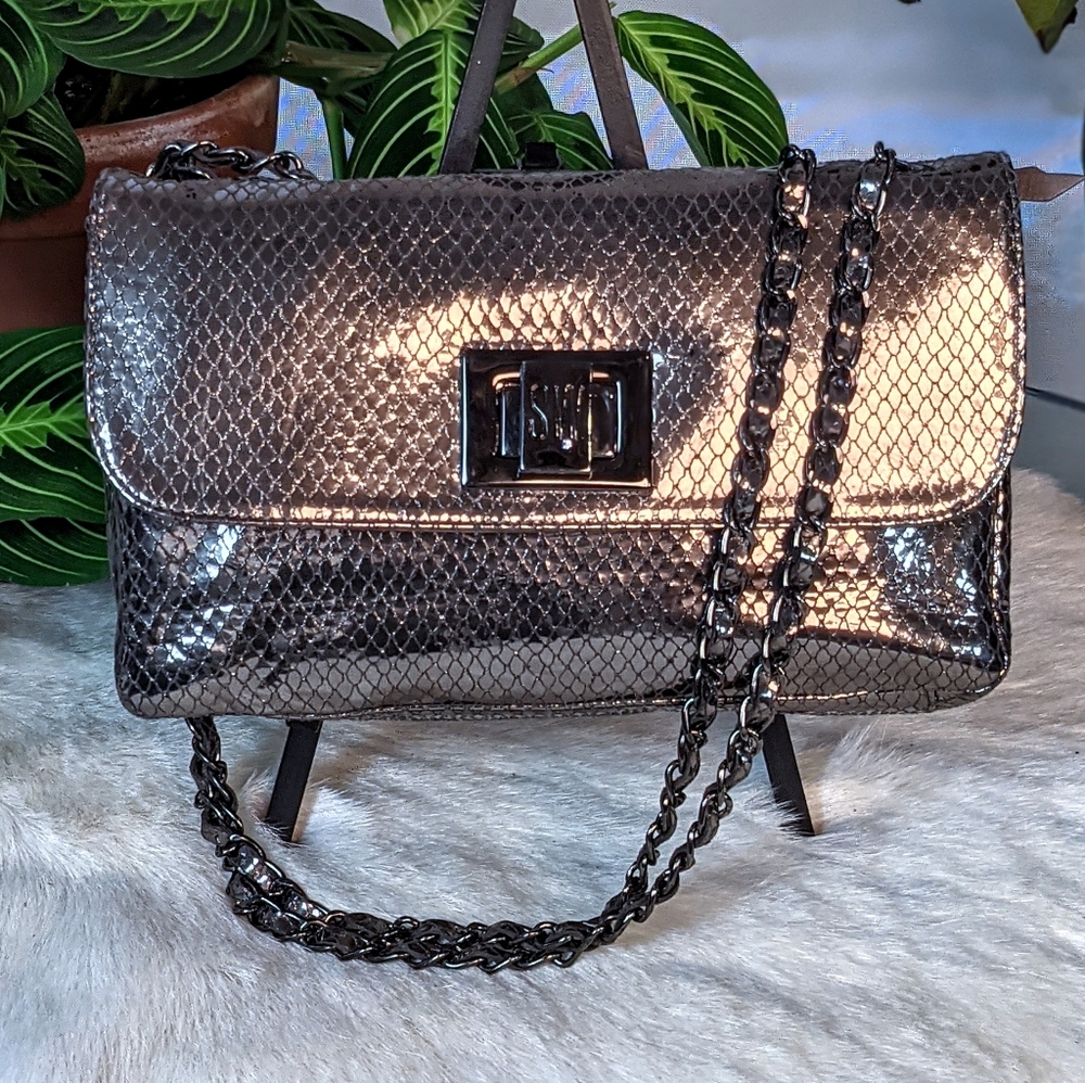 Stuart Weitzman faux snakeskin silver purse